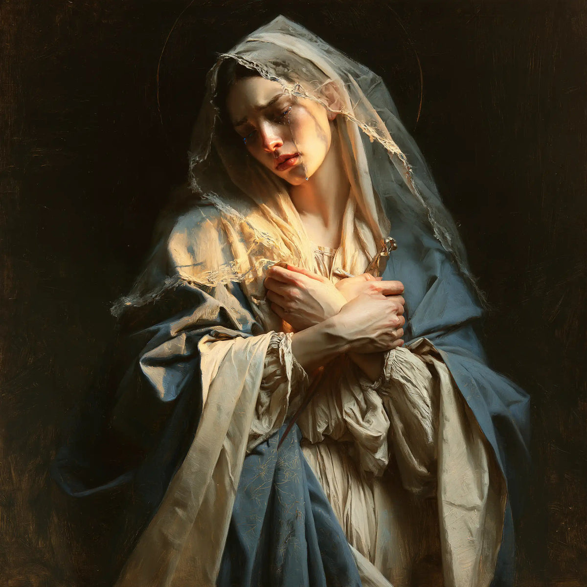 Our Lady of Sorrows clasping her heart in Mary Clasping Her Heart style, square Christian artwork no. 2