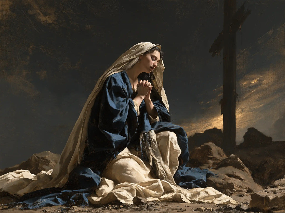 Mary kneeling before the Cross in Mary Kneeling before the Cross style, landscape Christian artwork no. 6