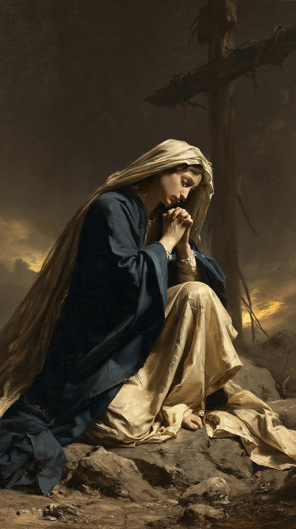 Mary kneeling before the Cross in Mary Kneeling before the Cross style, portrait Christian artwork no. 2
