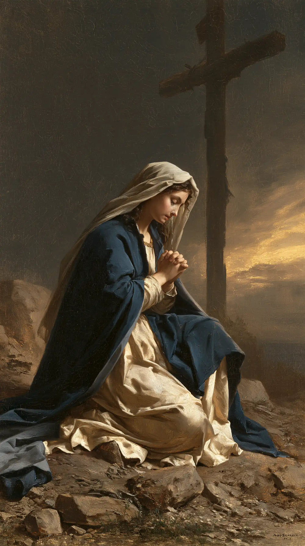 Mary kneeling before the Cross in Mary Kneeling before the Cross style, portrait Christian artwork no. 3