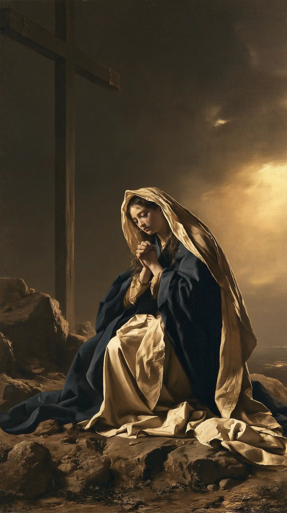 Mary kneeling before the Cross in Mary Kneeling before the Cross style, portrait Christian artwork no. 7