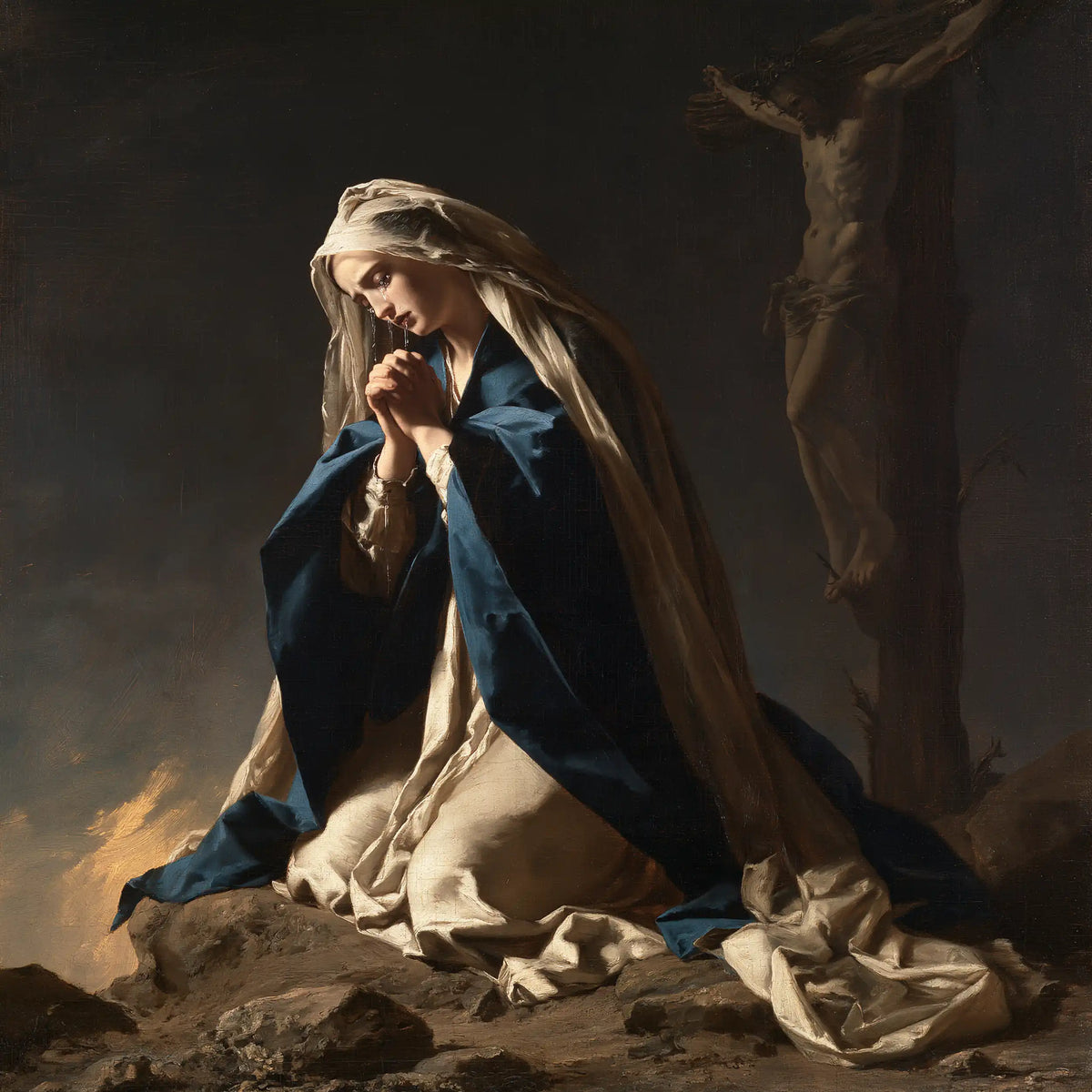 Mary kneeling before the Cross in Mary Kneeling before the Cross style, square Christian artwork no. 5