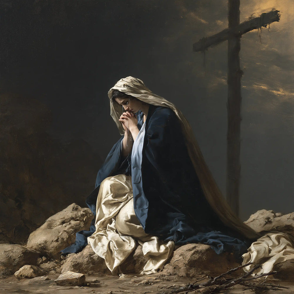 Mary kneeling before the Cross in Mary Kneeling before the Cross style, square Christian artwork no. 8