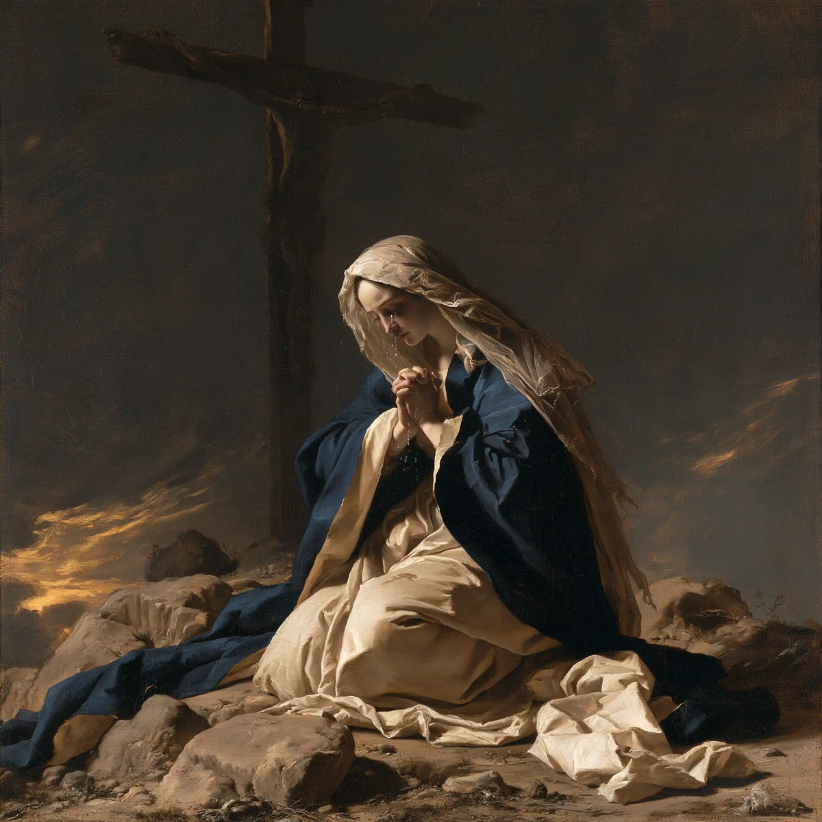 Mary kneeling before the Cross in Mary Kneeling before the Cross style, square Christian artwork no. 9