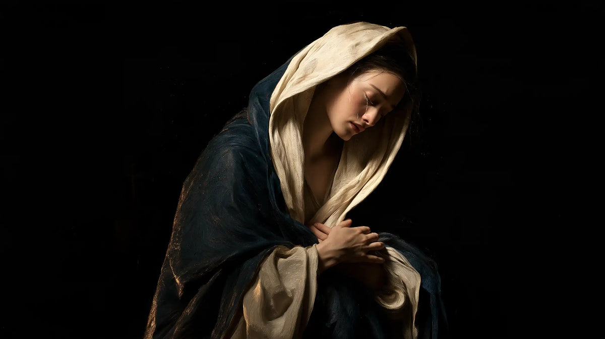 Mary as a light within sorrow in Mary as Light in Sorrow style, landscape Christian artwork no. 7