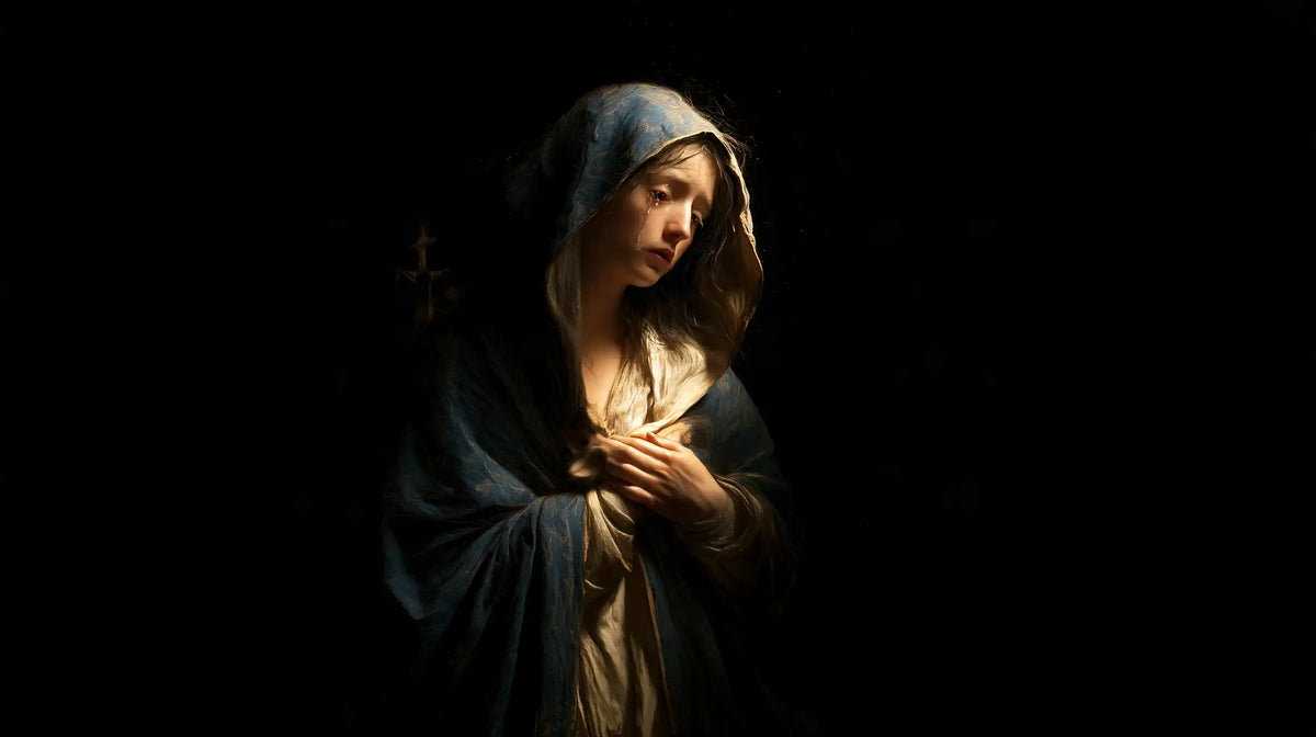 Mary as a light within sorrow in Mary as Light in Sorrow style, landscape Christian artwork no. 10