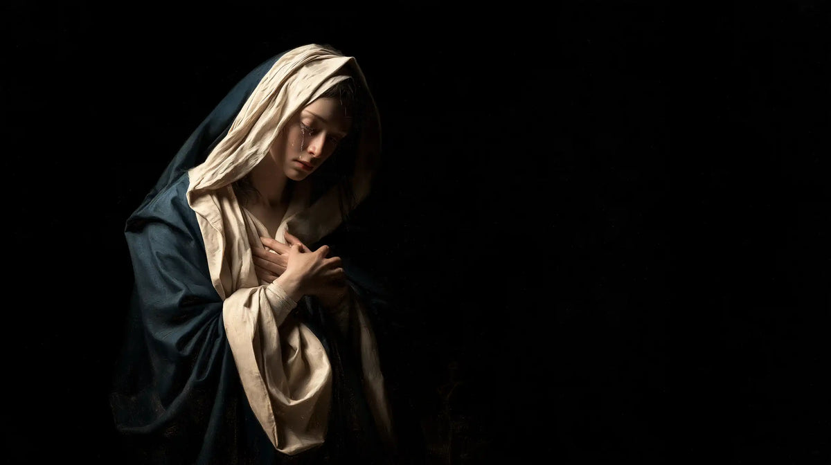 Mary as a light within sorrow in Mary as Light in Sorrow style, landscape Christian artwork no. 11