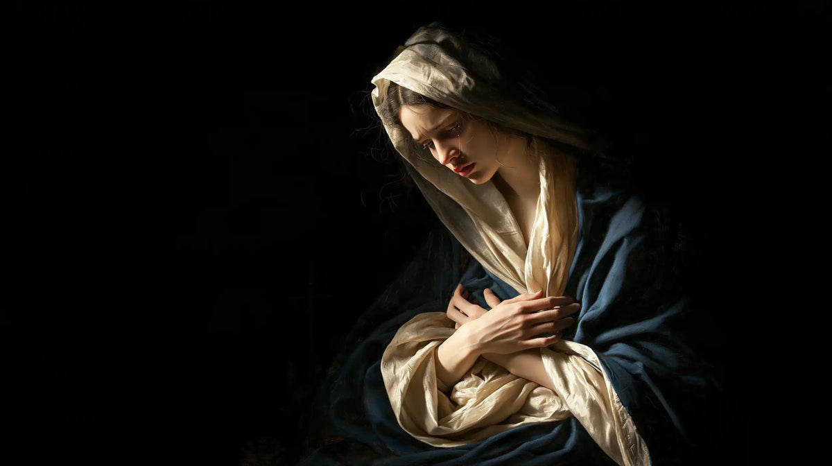 Mary as a light within sorrow in Mary as Light in Sorrow style, landscape Christian artwork no. 12