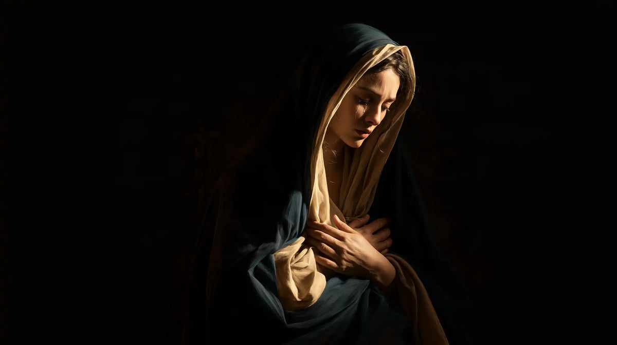 Mary as a light within sorrow in Mary as Light in Sorrow style, landscape Christian artwork no. 13
