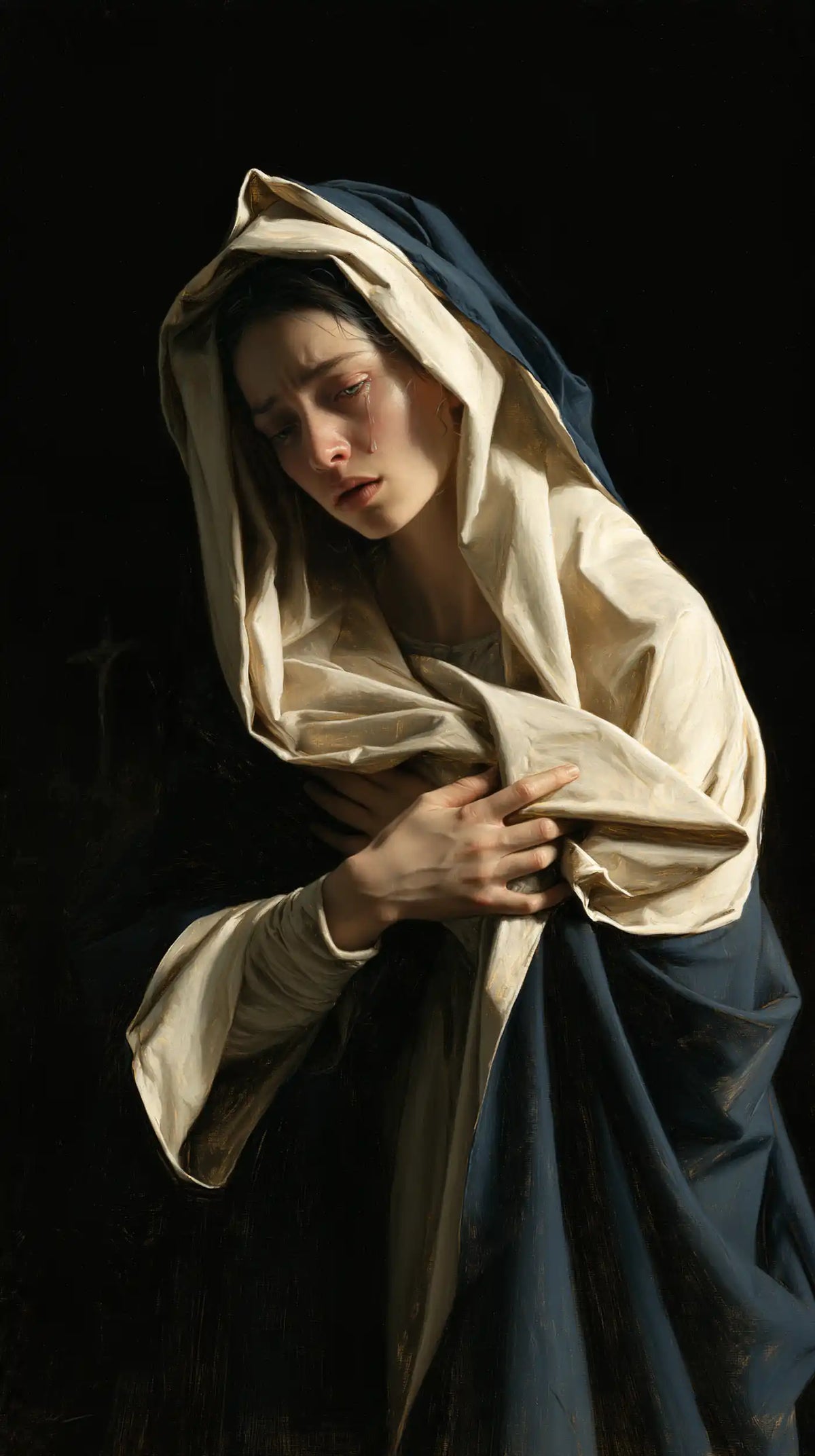 Mary as a light within sorrow in Mary as Light in Sorrow style, portrait Christian artwork no. 1