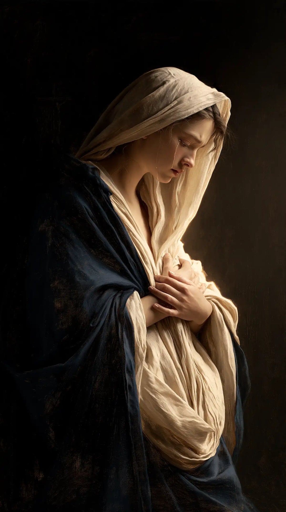 Mary as a light within sorrow in Mary as Light in Sorrow style, portrait Christian artwork no. 5