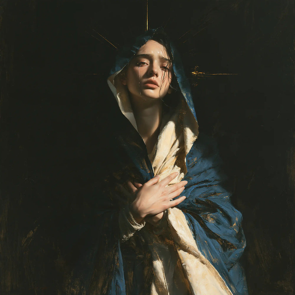 Mary as a light within sorrow in Mary as Light in Sorrow style, square Christian artwork no. 5