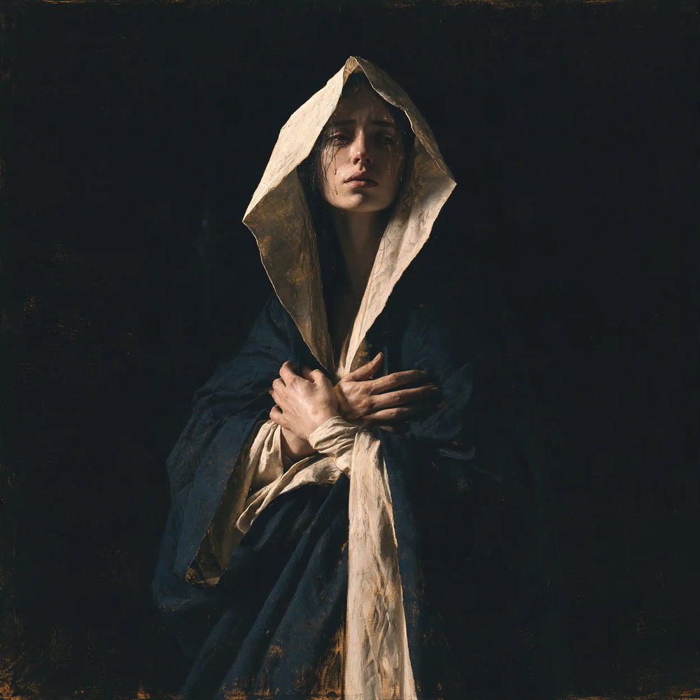 Mary as a light within sorrow in Mary as Light in Sorrow style, square Christian artwork no. 6