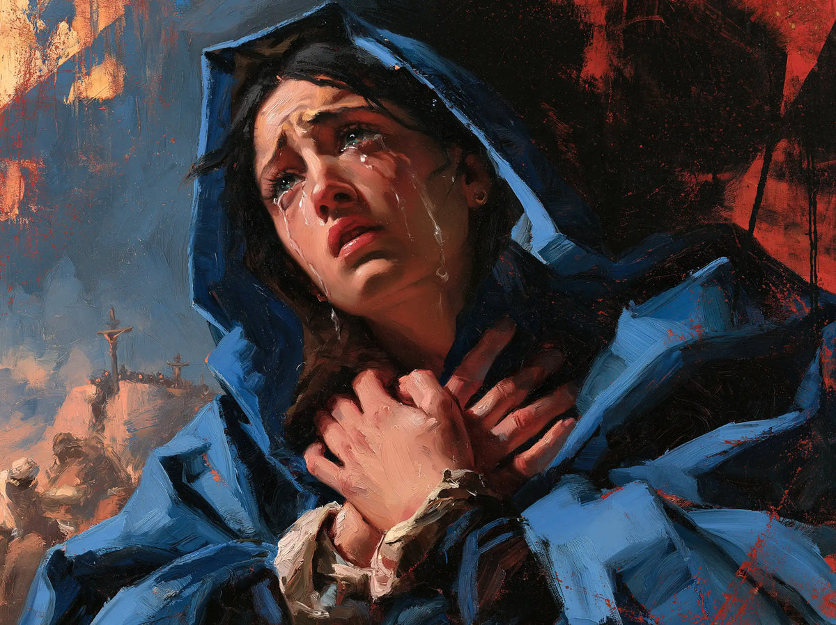 Mary experiencing profound maternal sorrow in Profound Maternal Sorrow style, landscape Christian artwork no. 3