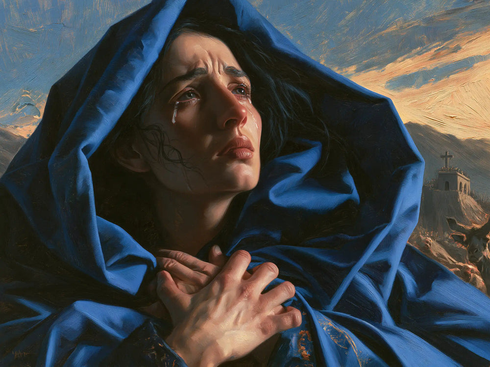 Mary experiencing profound maternal sorrow in Profound Maternal Sorrow style, landscape Christian artwork no. 5