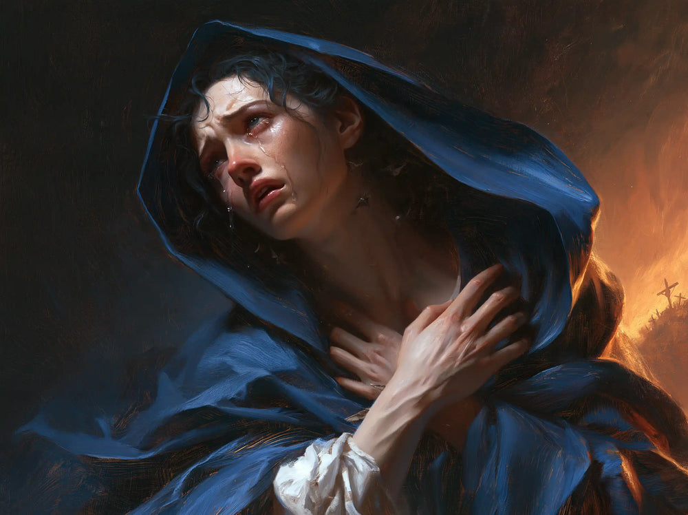 Mary experiencing profound maternal sorrow in Profound Maternal Sorrow style, landscape Christian artwork no. 7