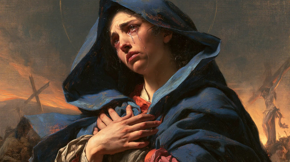 Mary experiencing profound maternal sorrow in Profound Maternal Sorrow style, landscape Christian artwork no. 18