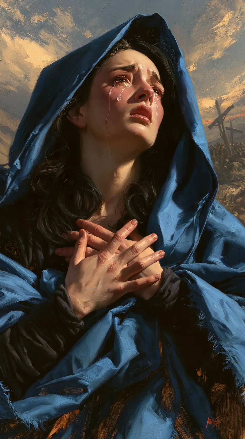 Mary experiencing profound maternal sorrow in Profound Maternal Sorrow style, portrait Christian artwork no. 1