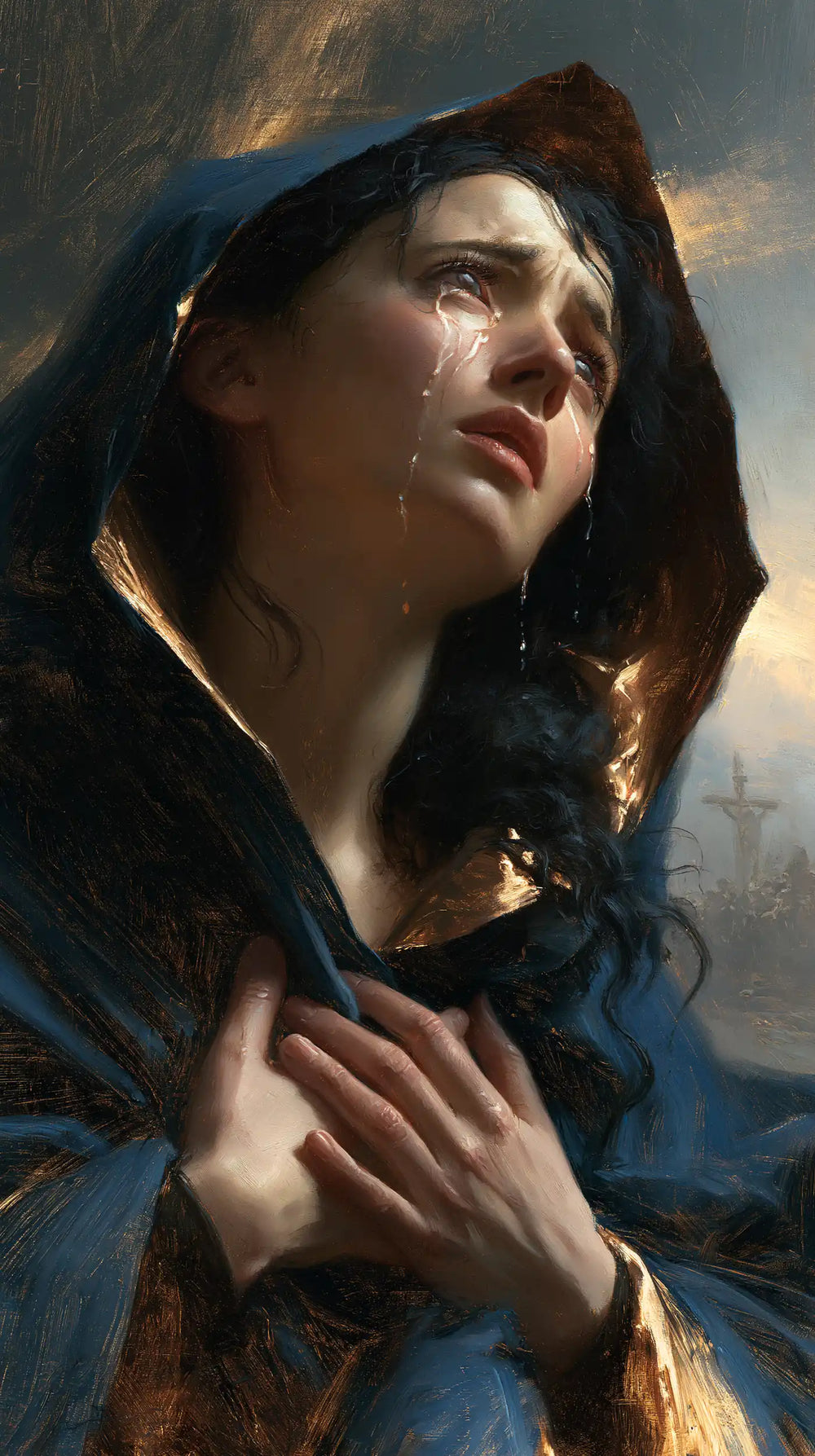Mary experiencing profound maternal sorrow in Profound Maternal Sorrow style, portrait Christian artwork no. 5