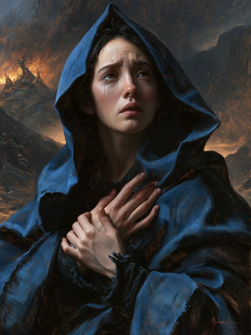 Mary experiencing profound maternal sorrow in Profound Maternal Sorrow style, portrait Christian artwork no. 14