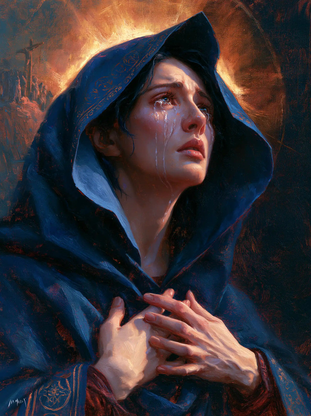Mary experiencing profound maternal sorrow in Profound Maternal Sorrow style, portrait Christian artwork no. 16