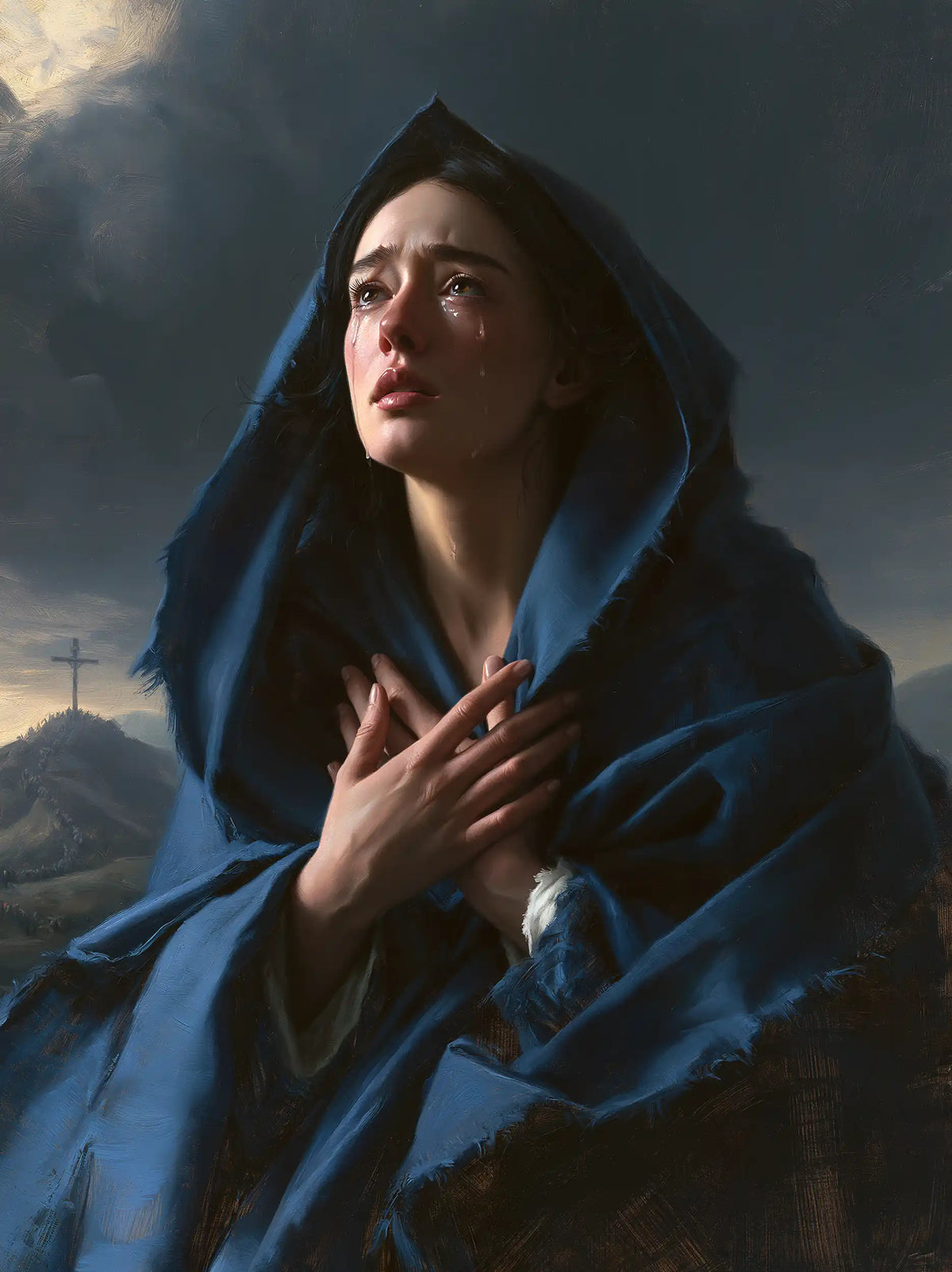 Mary experiencing profound maternal sorrow in Profound Maternal Sorrow style, portrait Christian artwork no. 17
