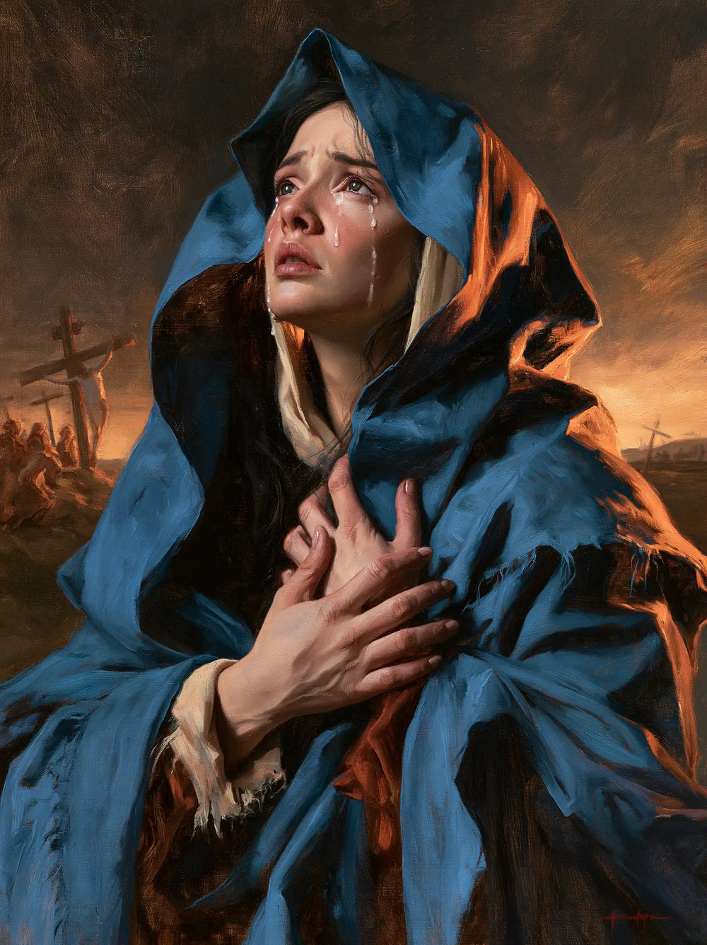 Mary experiencing profound maternal sorrow in Profound Maternal Sorrow style, portrait Christian artwork no. 21
