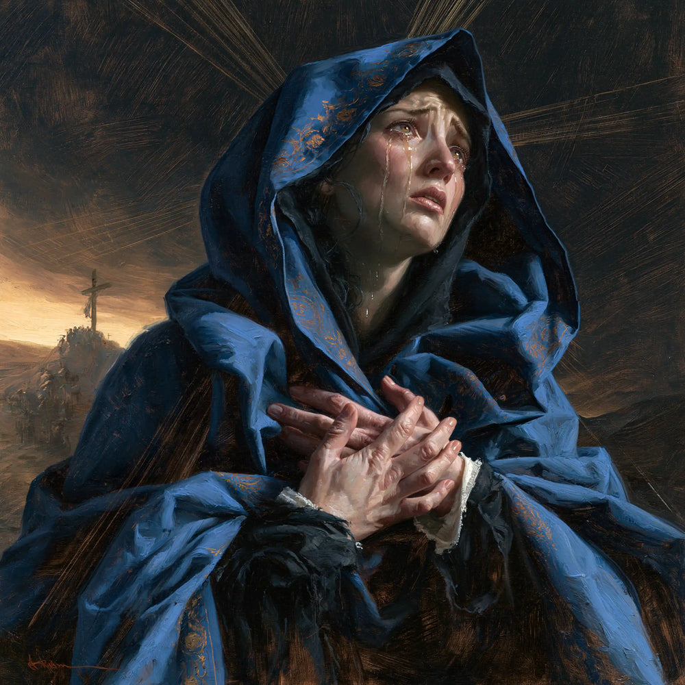Mary experiencing profound maternal sorrow in Profound Maternal Sorrow style, square Christian artwork no. 1