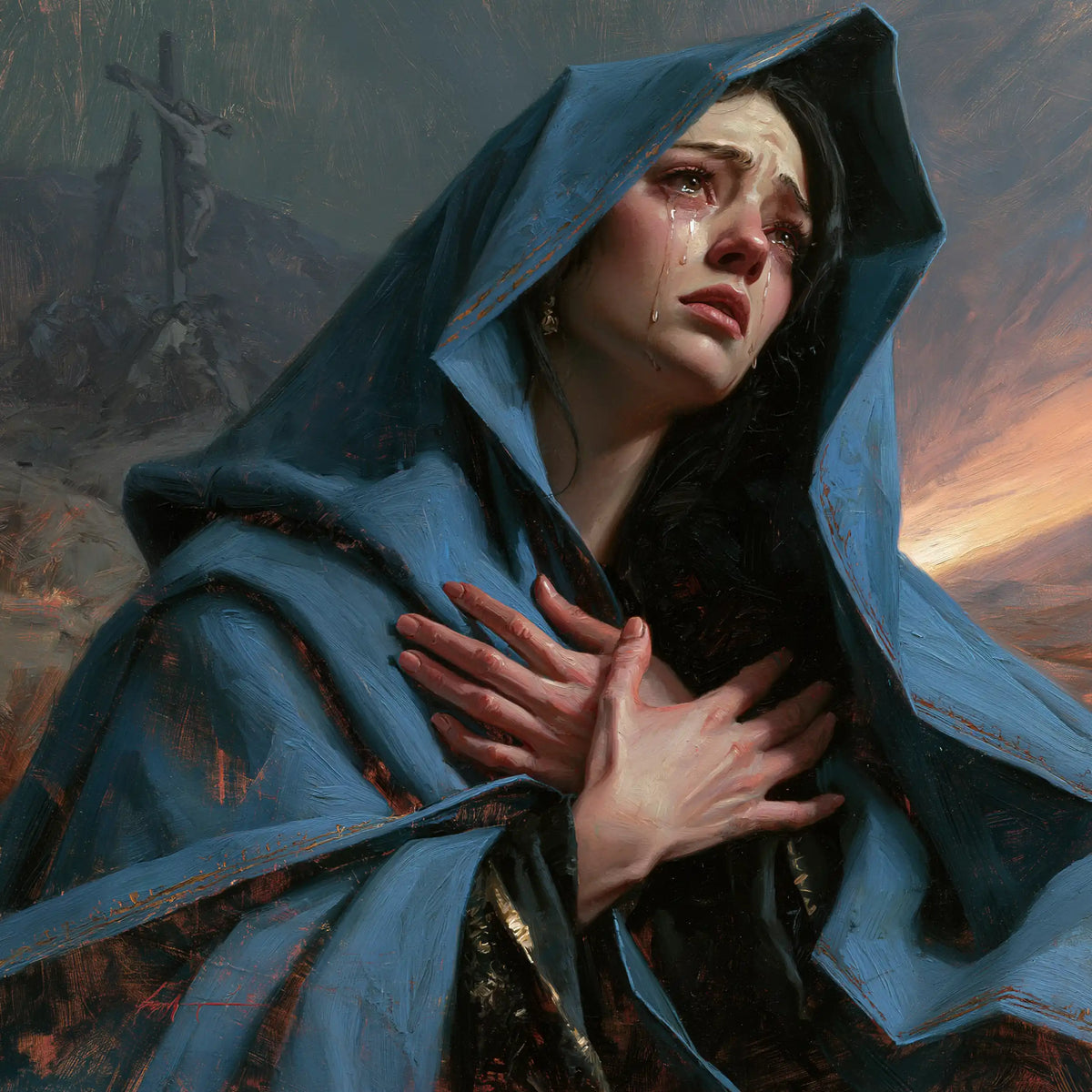 Mary experiencing profound maternal sorrow in Profound Maternal Sorrow style, square Christian artwork no. 5