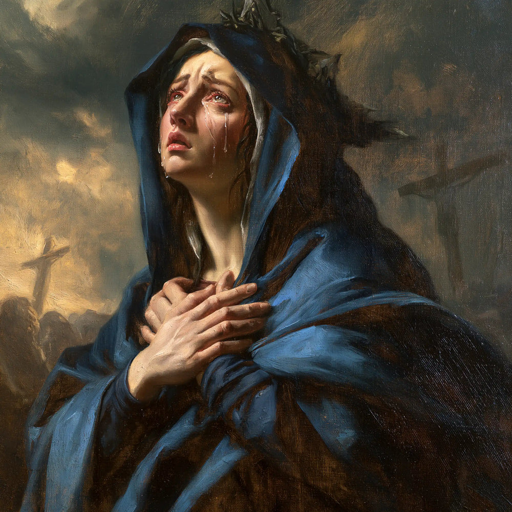 Mary experiencing profound maternal sorrow in Profound Maternal Sorrow style, square Christian artwork no. 10