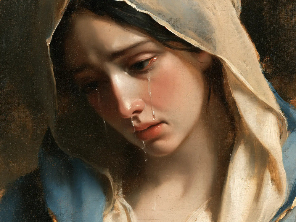 a close portrait of Our Lady of Sorrows in Psychological Close-Up style, landscape Christian artwork no. 3
