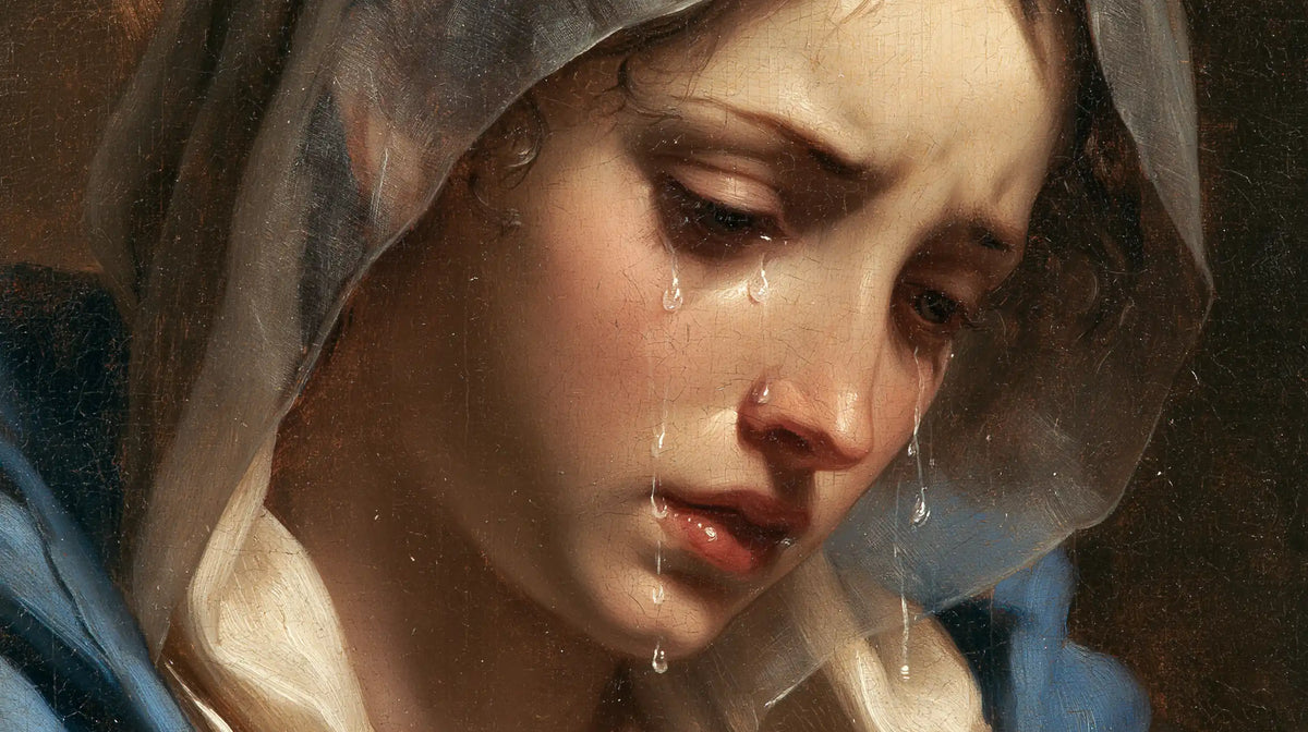 a close portrait of Our Lady of Sorrows in Psychological Close-Up style, landscape Christian artwork no. 5