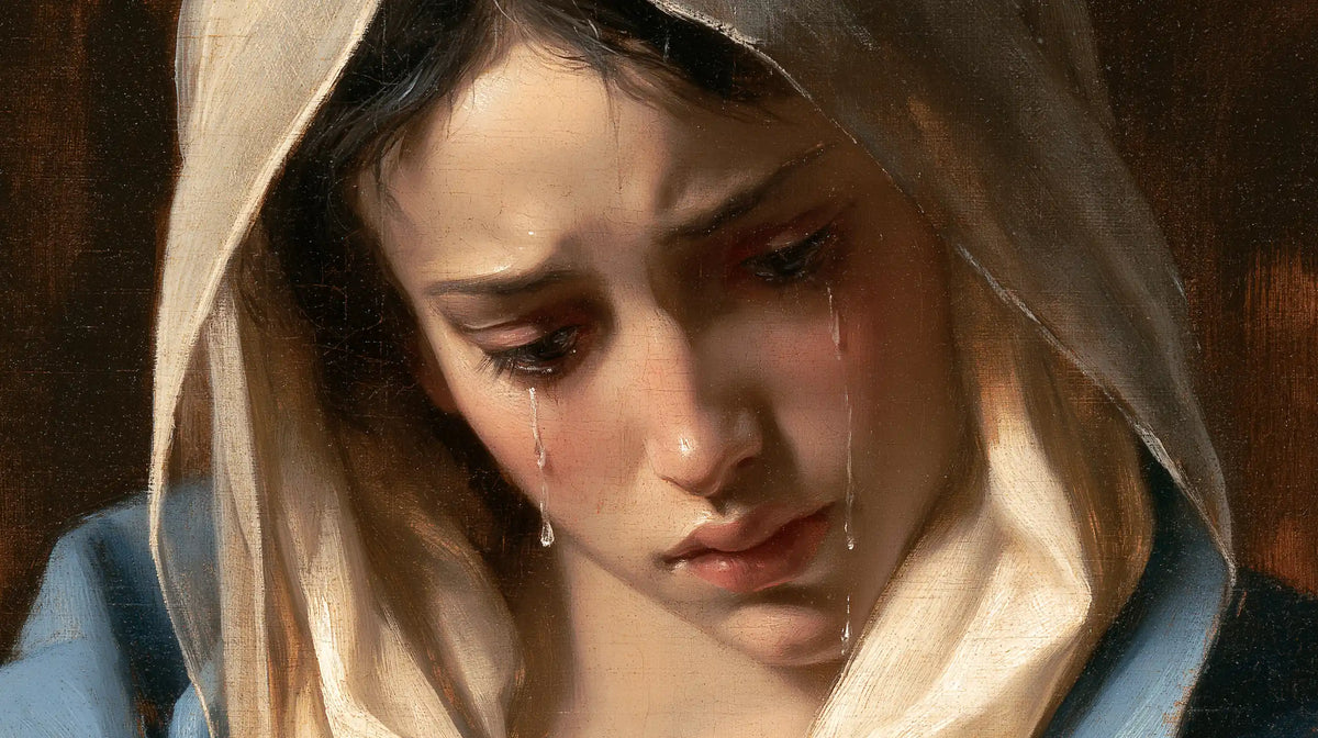 a close portrait of Our Lady of Sorrows in Psychological Close-Up style, landscape Christian artwork no. 7