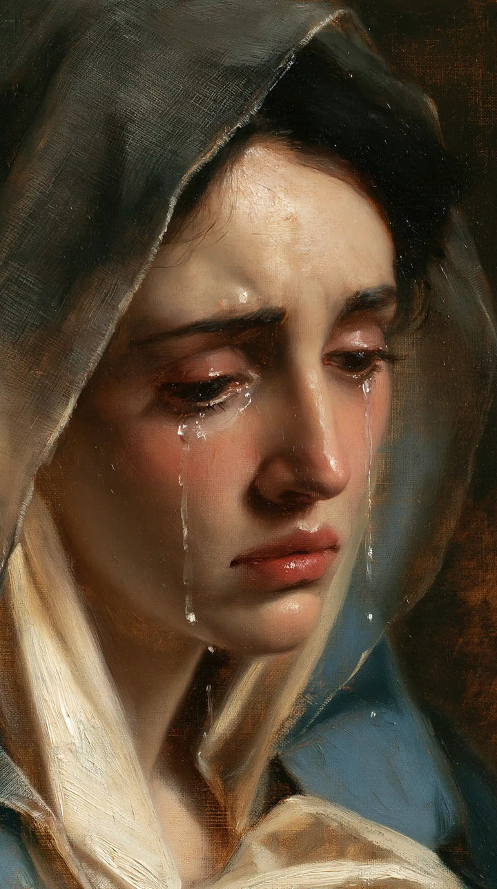 Our Lady of Sorrows — The Tear beneath the Gray Hood