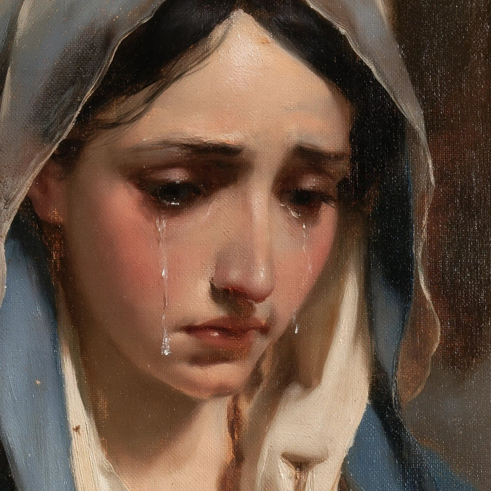 a close portrait of Our Lady of Sorrows in Psychological Close-Up style, square Christian artwork no. 6