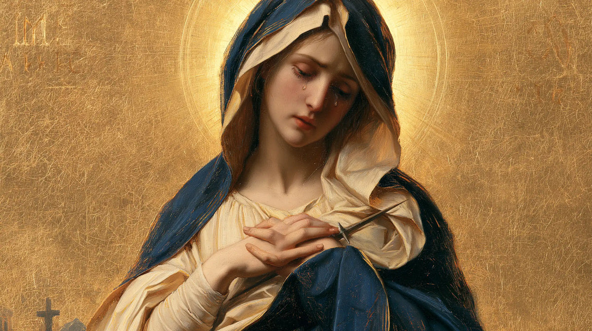 Our Lady of Sorrows in sacred golden light in Sacred Gold style, landscape Christian artwork no. 7