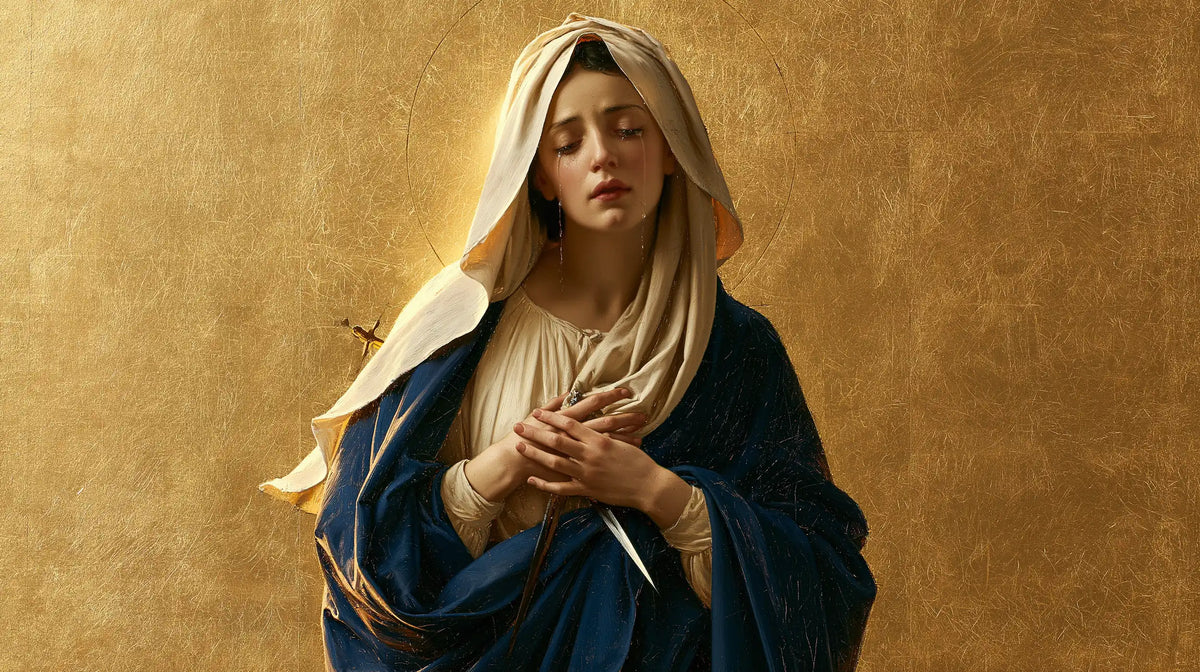 Our Lady of Sorrows in sacred golden light in Sacred Gold style, landscape Christian artwork no. 9