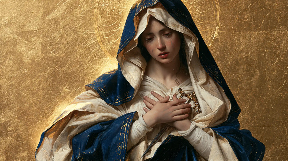 Our Lady of Sorrows in sacred golden light in Sacred Gold style, landscape Christian artwork no. 11
