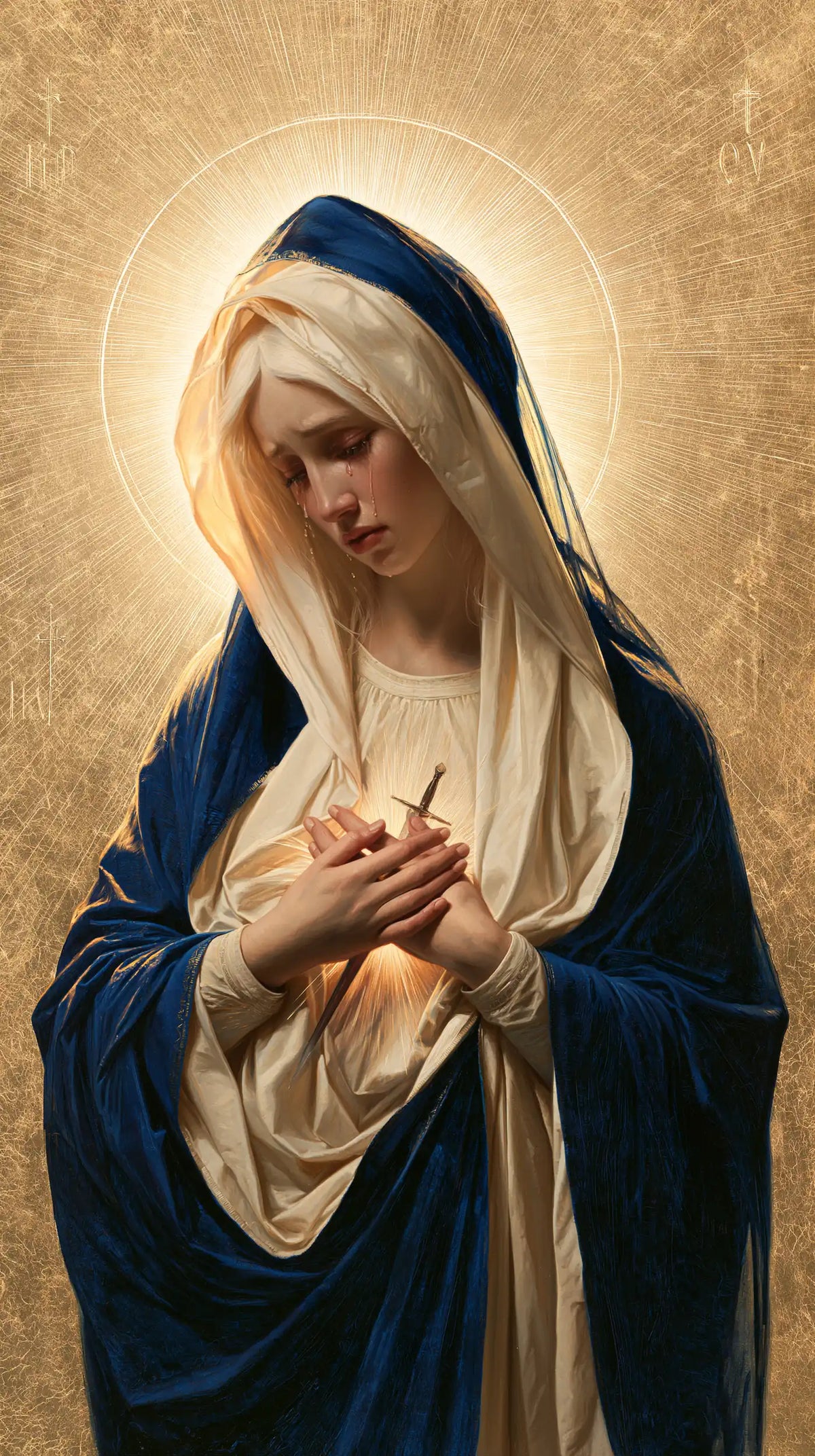 Our Lady of Sorrows in sacred golden light in Sacred Gold style, portrait Christian artwork no. 3