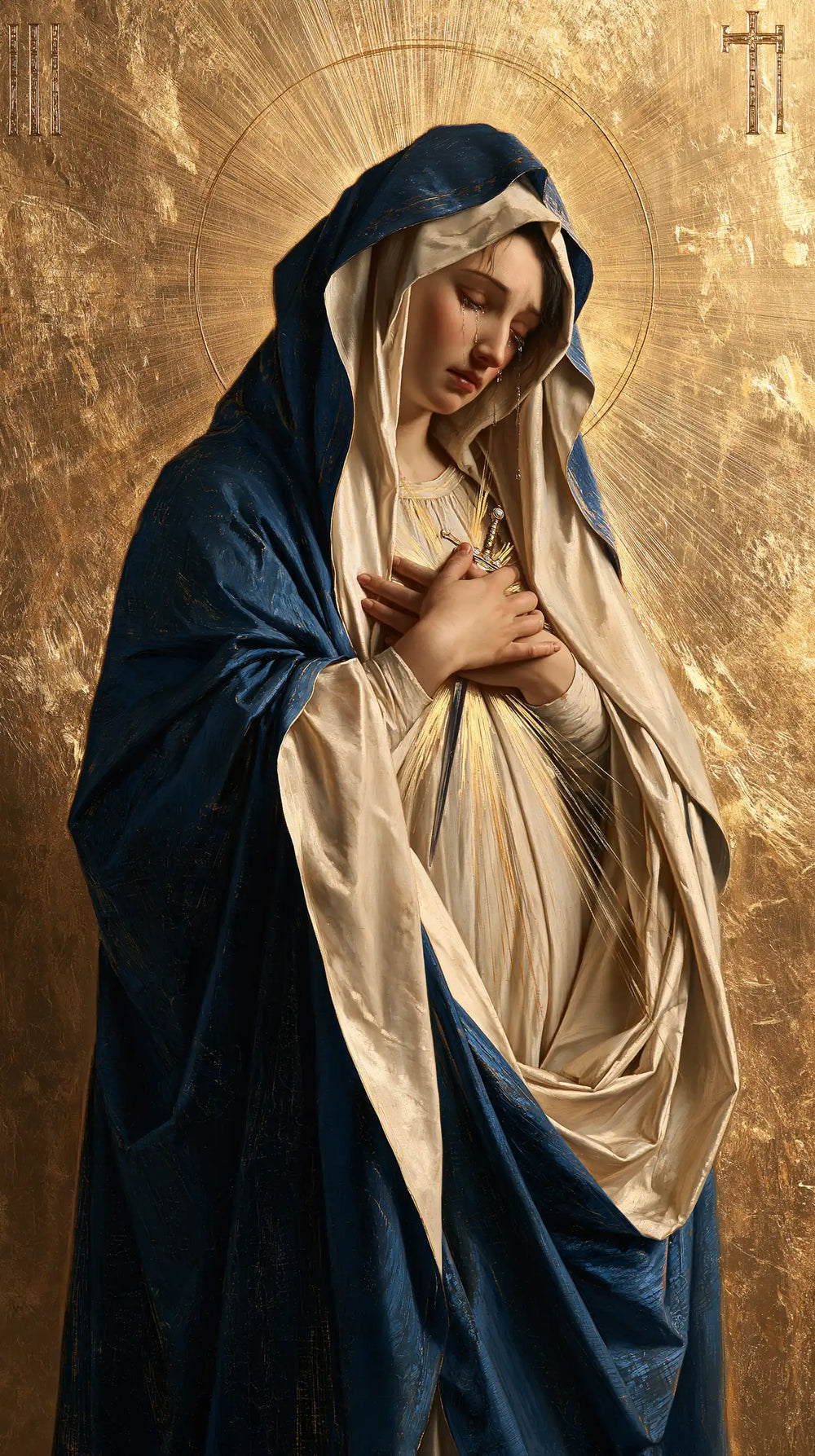 Our Lady of Sorrows in sacred golden light in Sacred Gold style, portrait Christian artwork no. 6