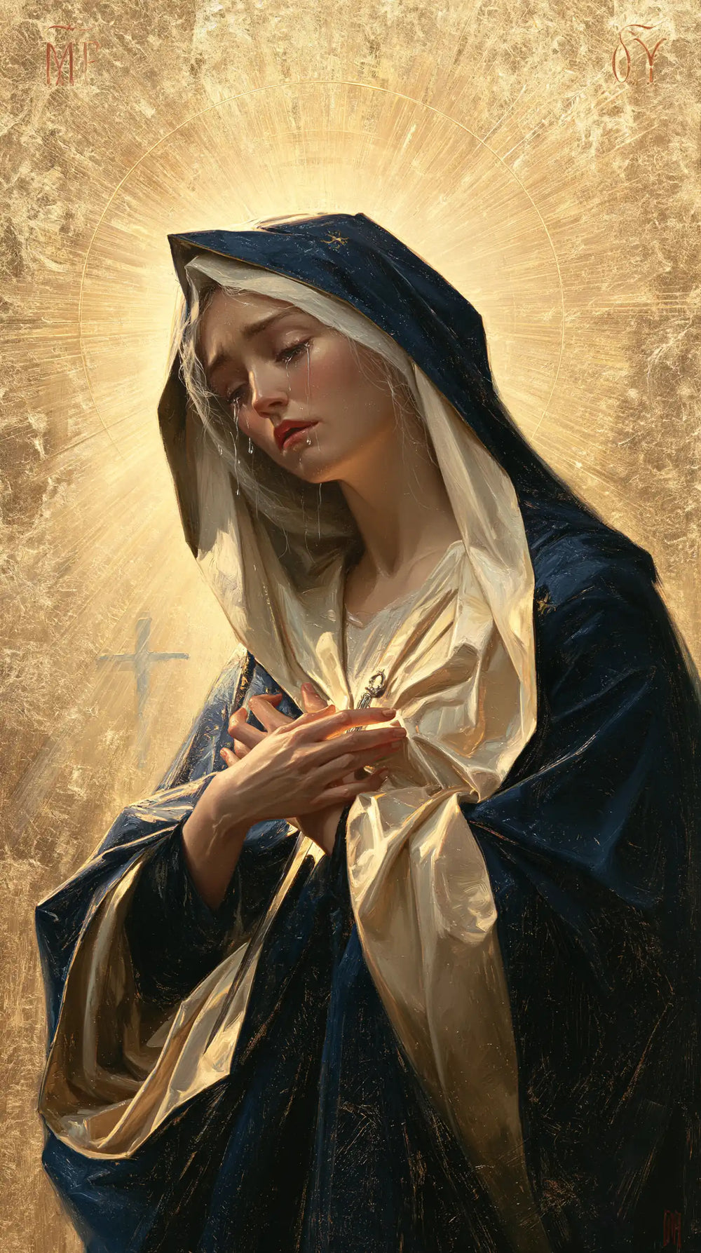 Our Lady of Sorrows in sacred golden light in Sacred Gold style, portrait Christian artwork no. 9