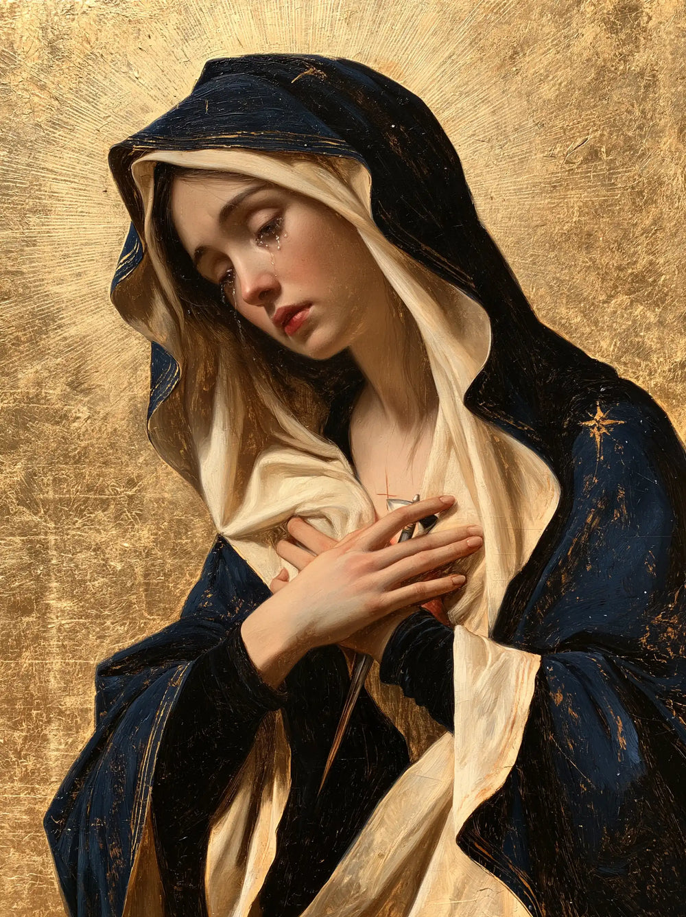 Our Lady of Sorrows in sacred golden light in Sacred Gold style, portrait Christian artwork no. 19
