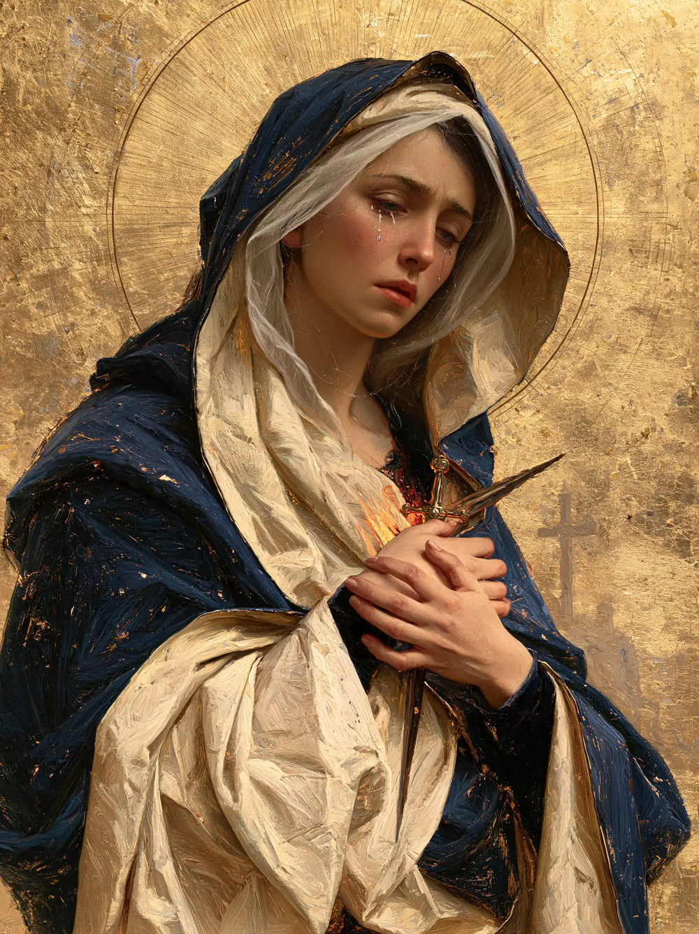 Our Lady of Sorrows in sacred golden light in Sacred Gold style, portrait Christian artwork no. 20
