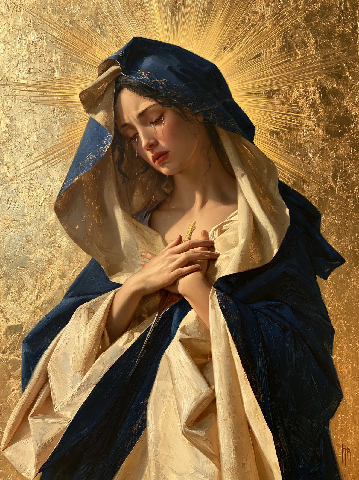Our Lady of Sorrows in sacred golden light in Sacred Gold style, portrait Christian artwork no. 22