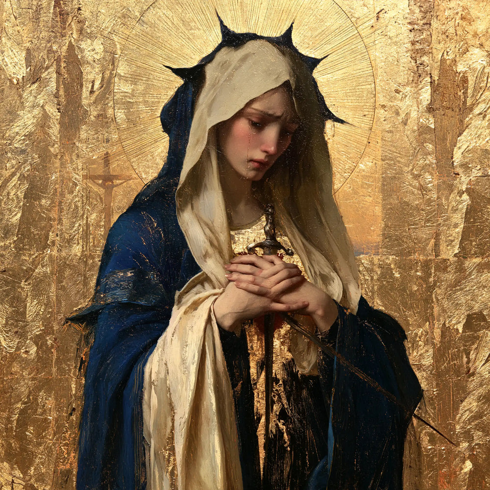 Our Lady of Sorrows in sacred golden light in Sacred Gold style, square Christian artwork no. 1