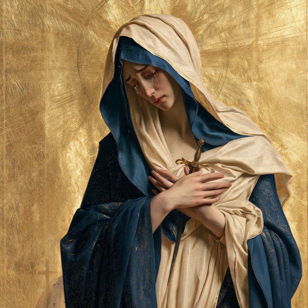 Our Lady of Sorrows in sacred golden light in Sacred Gold style, square Christian artwork no. 4
