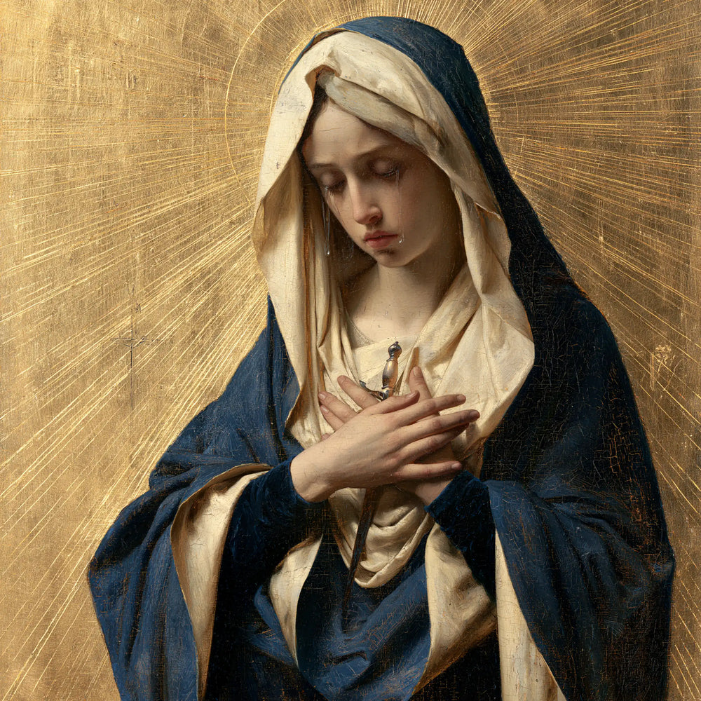 Our Lady of Sorrows in sacred golden light in Sacred Gold style, square Christian artwork no. 8