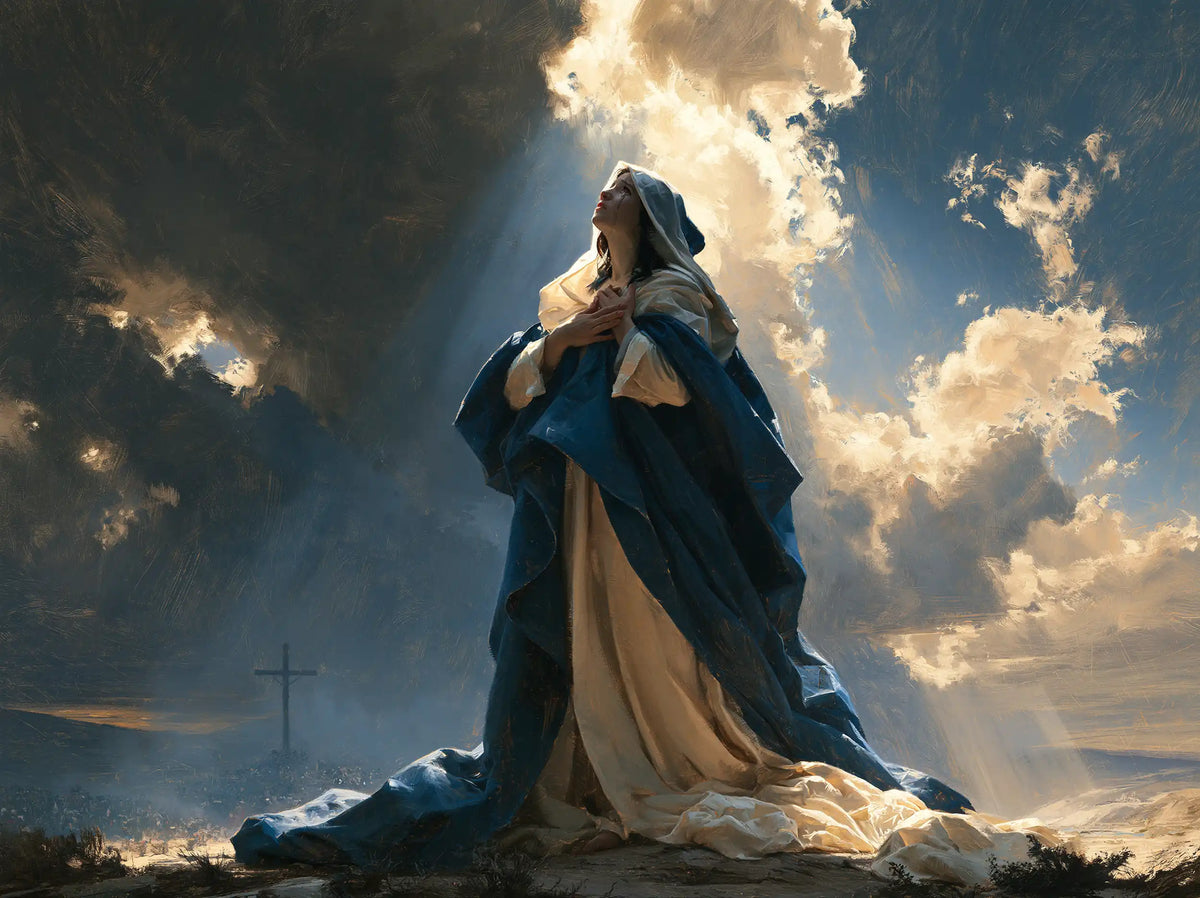 Our Lady of Sorrows in a monumental sacred view in Sacred Monumental View style, landscape Christian artwork no. 7