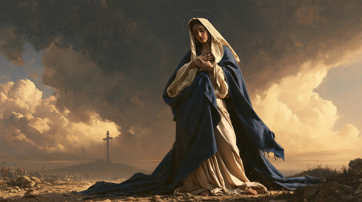 Our Lady of Sorrows in a monumental sacred view in Sacred Monumental View style, landscape Christian artwork no. 16