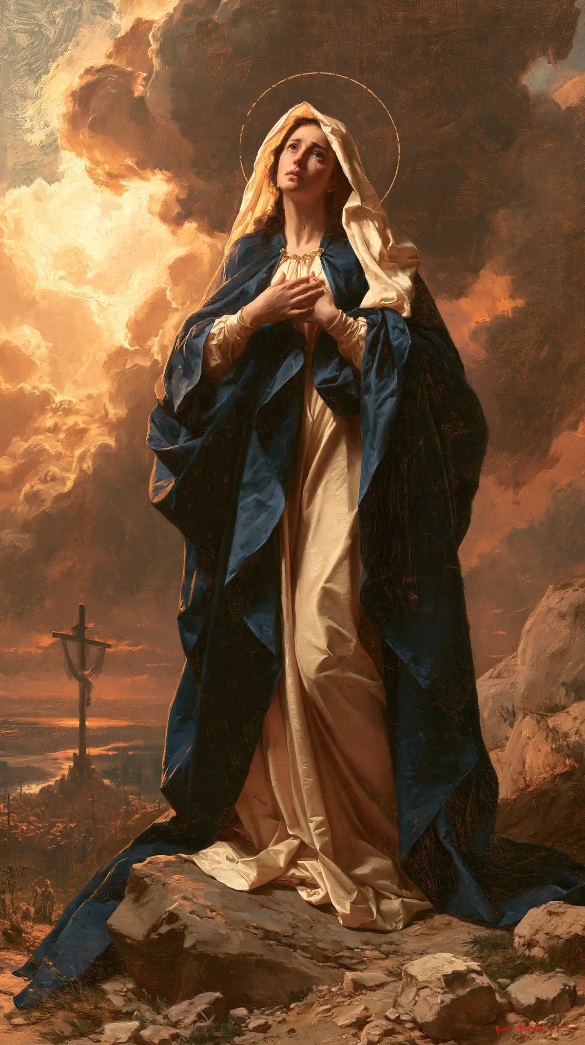 Our Lady of Sorrows in a monumental sacred view in Sacred Monumental View style, portrait Christian artwork no. 5